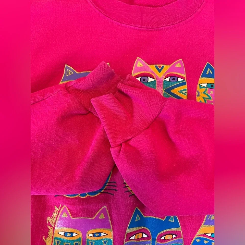 Vintage Laurel Burch Cat Print Crew Neck Sweatshirt Pink Size Large - Picture 9 of 9